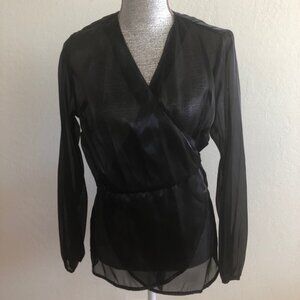 INC Black Long Sleeve Sheer Wrap Blouse